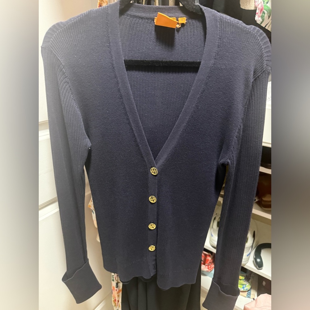 Tory Burch Navy Blue Cardigan with gold buttons